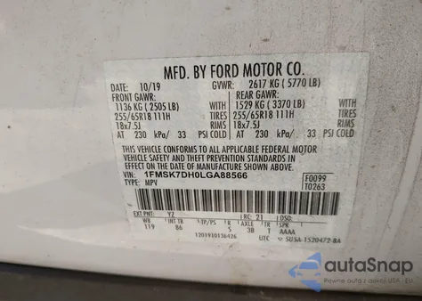 2020 Ford Explorer Xlt z USA, uszkodzony, nr VIN 1FMSK7DH0LGA88566